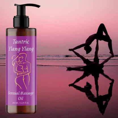 a bottle of tantric massage oil next to a silhouette of a woman