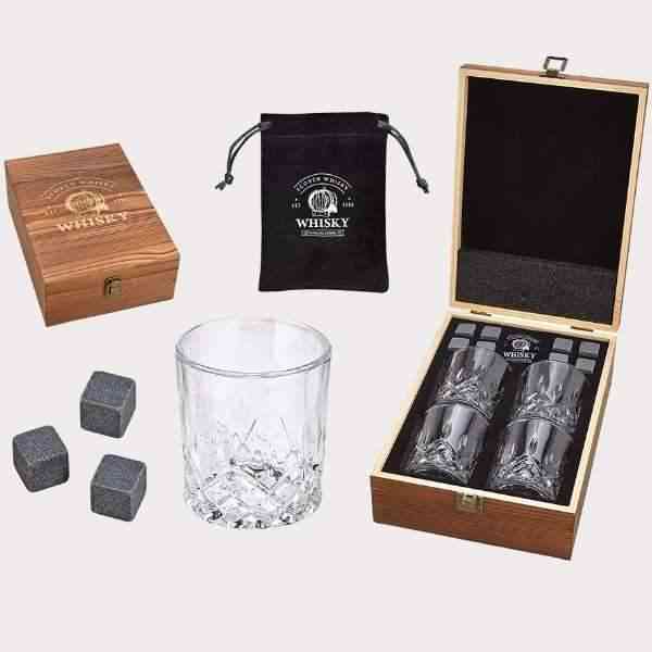 Whiskey Glass Set of 2, Gift Set In Wooden Box, Includes 8 Whiskey