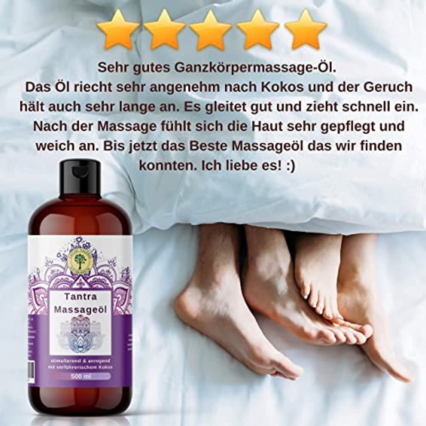 a person laying in bed next to a bottle of massage oil